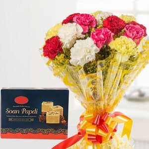 12 Mix Carnations Bunch with Soan Papdi
